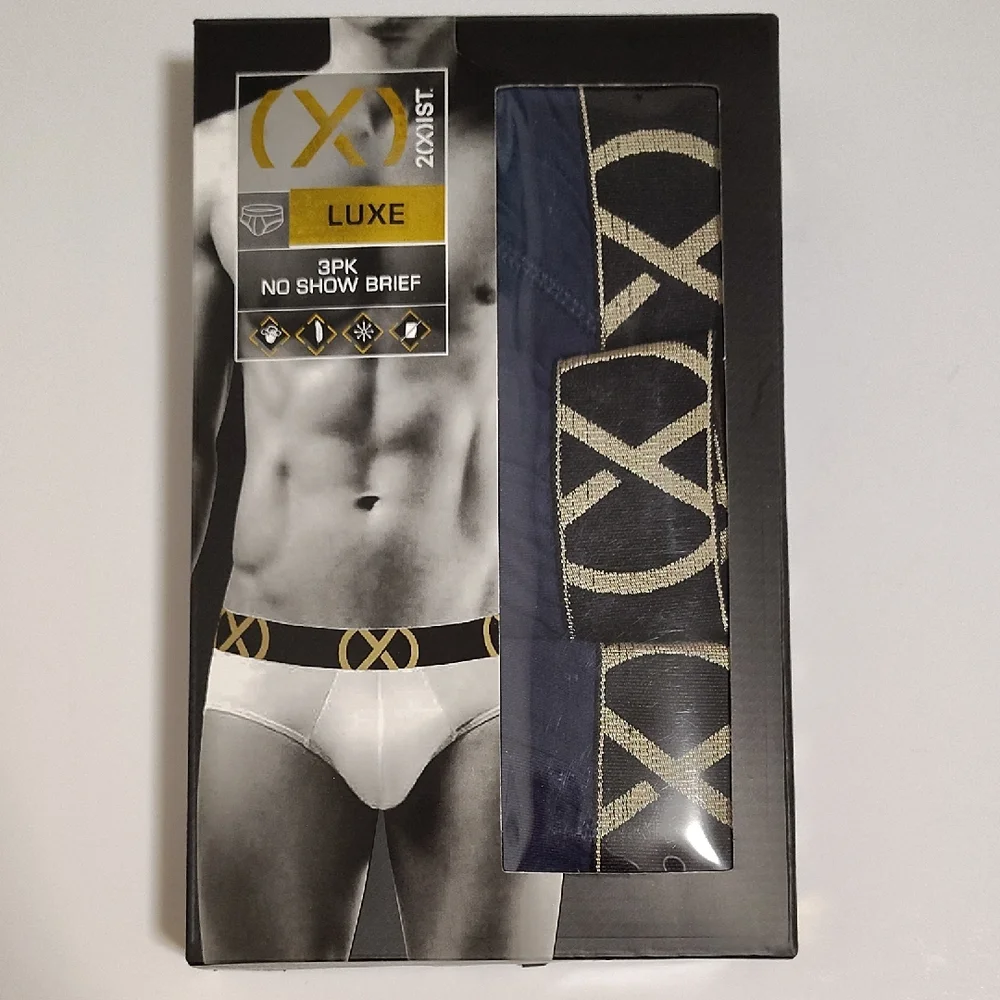 2xist Luxe No Show Brief - Navy Blue With Black Waistband  Gold Accents 3 Pack